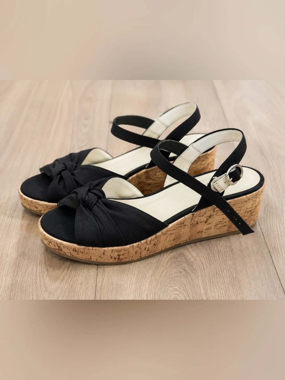 Black Cork Wedge Sandals with Knot Detail - Women